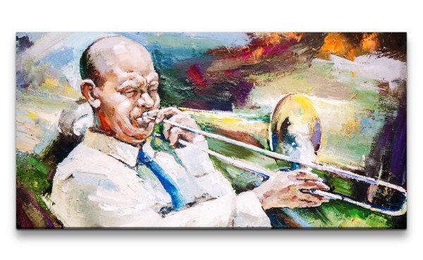 Leinwandbild 120x60cm Jazz Trompetenspieler Trompete Musik Farbenfroh Kunstvoll