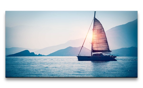 Leinwandbild 120x60cm Segelschiff Segel Meer Berge Freiheit Boot Sonnenuntergang