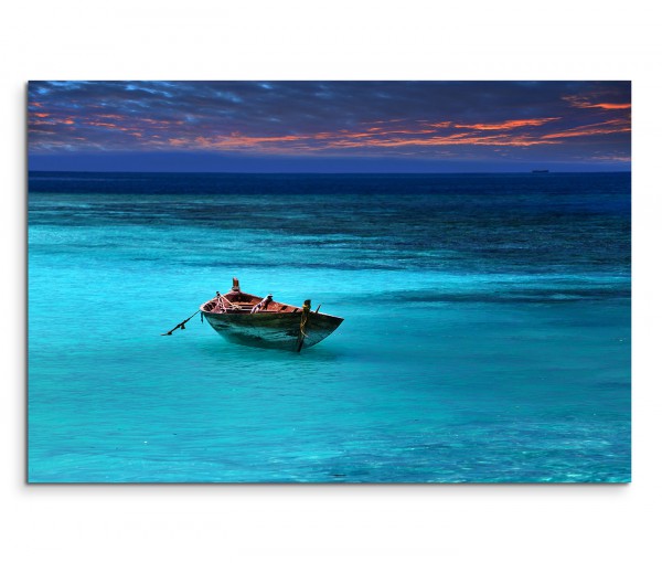 120x80cm Wandbild Meer Holzboot Wolken Abendrot