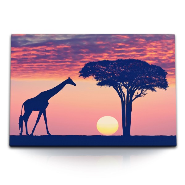 120x80cm Wandbild auf Leinwand Afrika Sonnenuntergang Abendrot Giraffe Baum