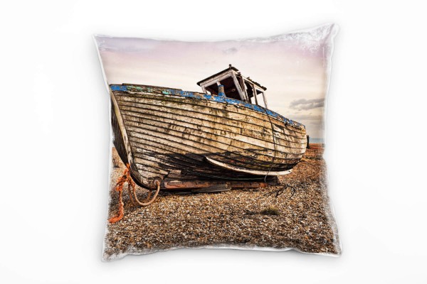Strand und Meer, Boot, Retro und Vintage, braun, bunt Deko Kissen 40x40cm für Couch Sofa Lounge Zier