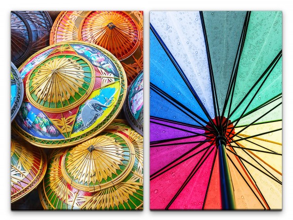 2 Bilder je 60x90cm Sonnenschirme Asien Traditionell Farbenfroh Schillernd Vielfarbig Regenschirm