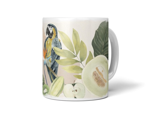 Dekorative Tasse mit schönem Vogel Motiv Papagei exotische Früchte Paradies Vintage Pastelltöne