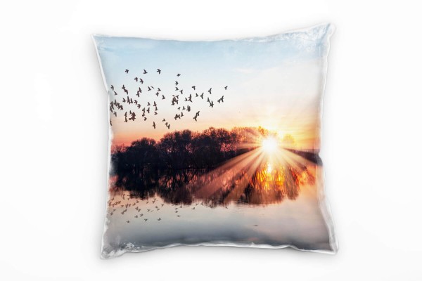 Seen, Sonnenuntergang, Vögel, blau, orange Deko Kissen 40x40cm für Couch Sofa Lounge Zierkissen