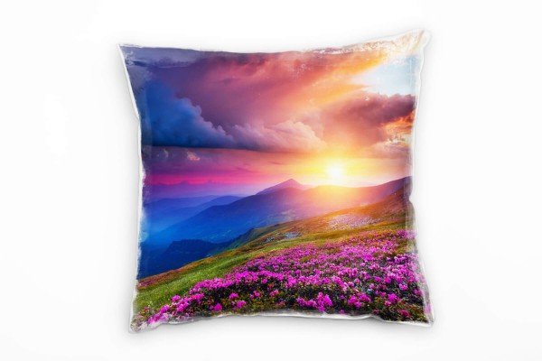 Landschaft, Berge, Sonnenuntergang, Blumen, bunt Deko Kissen 40x40cm für Couch Sofa Lounge Zierkisse