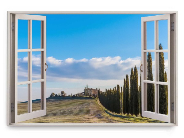 Wandbild 120x80cm Fensterbild Toskana Italien Sommer Landhaus Landschaft