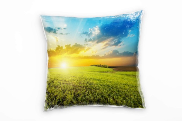 Landschaft, grün, blau, orange, Sonnenuntergang, Feld Deko Kissen 40x40cm für Couch Sofa Lounge Zier