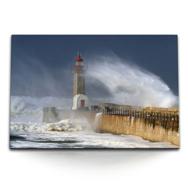 120x80cm Wandbild auf Leinwand Raue See Leuchtturm Küste Riesenwellen Sturm