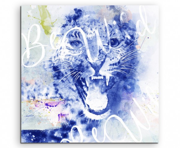 Schreiender Leopard in Blautönen mit Kalligraphie