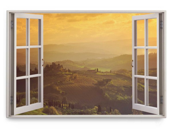 Wandbild 120x80cm Fensterbild Toskana Landschaft Italien Sonnenuntergang Weinberge