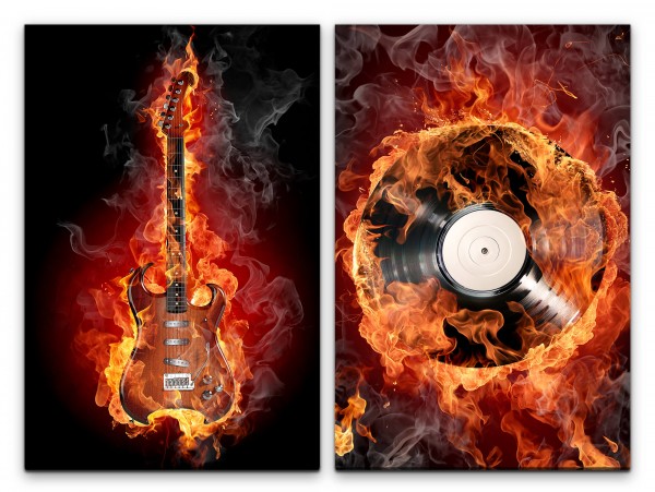 2 Bilder je 60x90cm E-Gitarre Flamen Feuer Heiß Heavy Metal Schallplatte