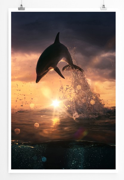 90x60cm Poster Tierfotografie Springender Delfin bei Sonnenaufgang