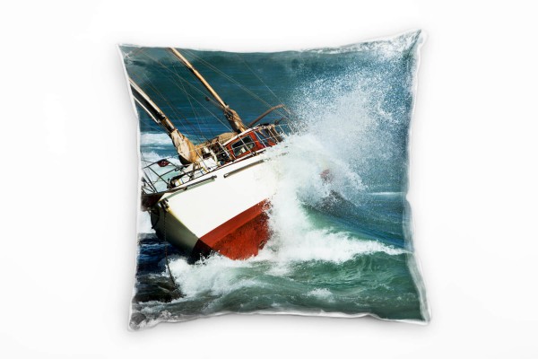 Meer, blau, weiß, rot, Segelboot, stürmische See Deko Kissen 40x40cm für Couch Sofa Lounge Zierkisse