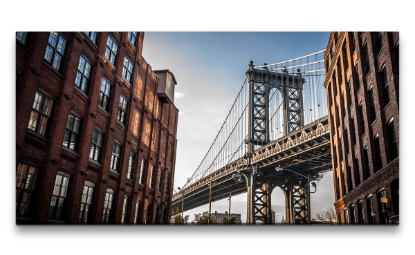 Leinwandbild 120x60cm Brooklyn Bridge New York Backsteingebäude Historisch Urban