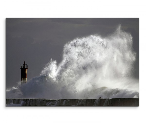 120x80cm Wandbild Meer Welle Leuchtturm Abendstimmung