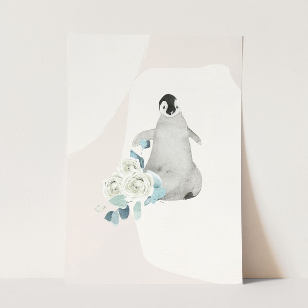 Wandbild Tier Motiv kleiner Pinguin flauschig Blumen Süß