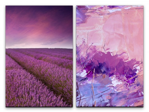 2 Bilder je 60x90cm Pastelltöne Farbe Lavendel Lavendelfeld Dekorativ Horizont Abstrakt