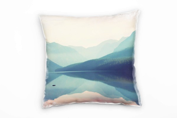 Seen, Berge, Spiegelung, Dämmerung, blau, rot Deko Kissen 40x40cm für Couch Sofa Lounge Zierkissen