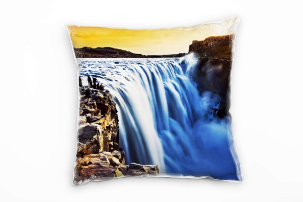 Natur, orange, braun, blau, Wasserfall, Island Deko Kissen 40x40cm für Couch Sofa Lounge Zierkissen