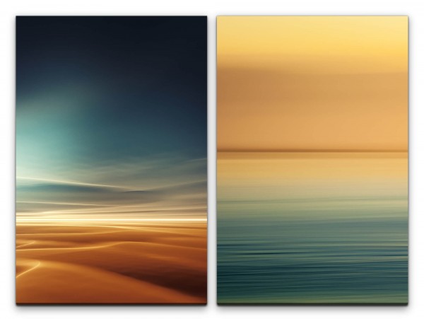 2 Bilder je 60x90cm Wüste Sahara Horizont Minimal Abstrakt Sonnenuntergang Gold