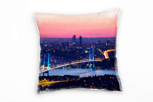 Urban und City, blau, pink, Bosporus Brücke, Nacht Deko Kissen 40x40cm für Couch Sofa Lounge Zierkis