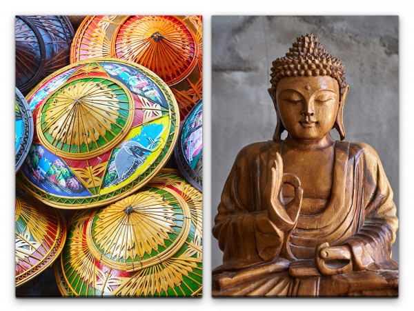 2 Bilder je 60x90cm Sonnenschirme Bunt Asien Traditionell Buddha Meditation Yoga