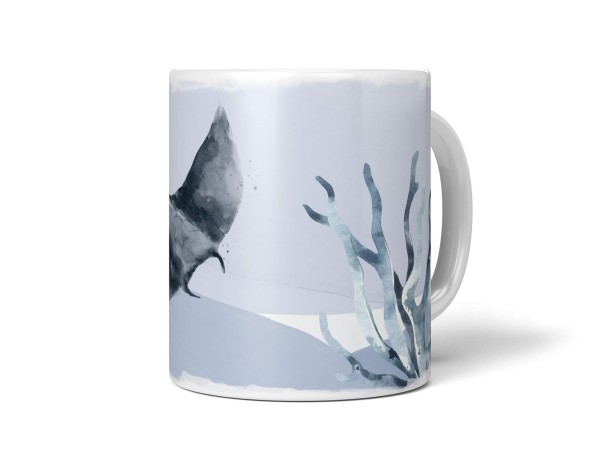 Dekorative Tasse mit schönem Motiv Rochen Koralle Wasserfarben Aquarell Kunstvoll Blau