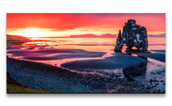 Leinwandbild 120x60cm Hvítserkur Basaltfelsen Island Meer Felsen Abendröte