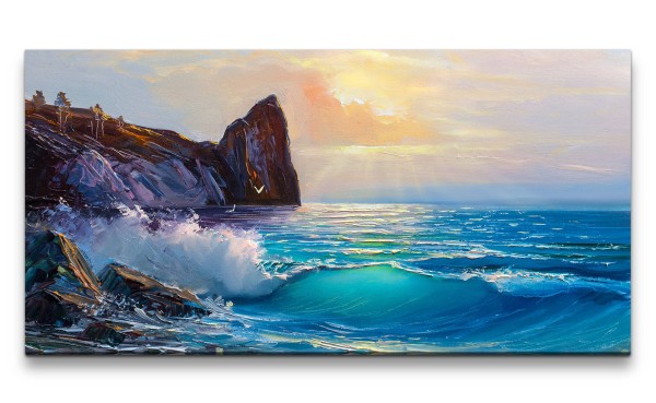Leinwandbild 120x60cm Meer Klippen Malerisch Kunstvoll Wellen Sonnenuntergang