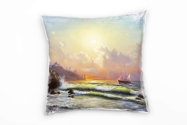 Strand und Meer, Brandung, Segelschiff, gemalt Deko Kissen 40x40cm für Couch Sofa Lounge Zierkissen