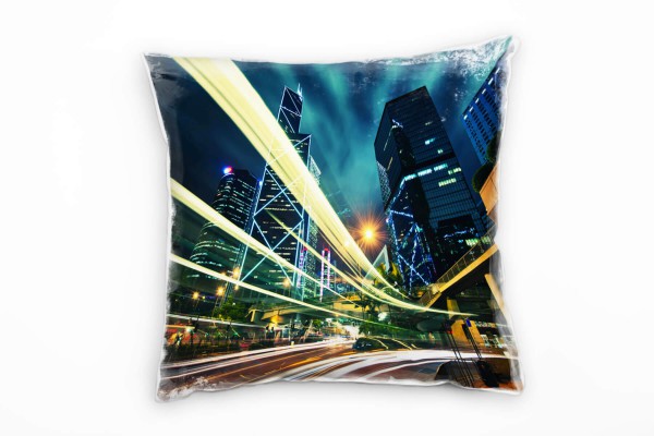 Urban und City, blau, gelb, Lichtlinien, Hochhäuser Deko Kissen 40x40cm für Couch Sofa Lounge Zierki