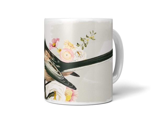 Dekorative Tasse mit schönem Vogel Motiv Blumen Blüten Pastelltöne Wasserfarben Kunstvoll