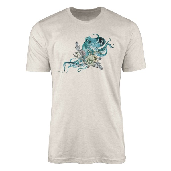 Herren Shirt 100% gekämmte Bio-Baumwolle T-Shirt Blumen Oktopus Wasserfarben Motiv Nachhaltig Ökomo