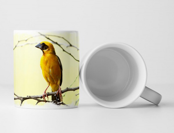 Tasse Geschenk Tierfotografie – Gelber Webervogel auf einem Zweig