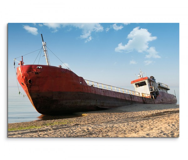 120x80cm Wandbild Meer Sandstrand Fischerboot gestrandet