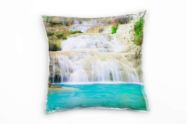 Natur, türkis, braun, grün, Wasserfall Deko Kissen 40x40cm für Couch Sofa Lounge Zierkissen