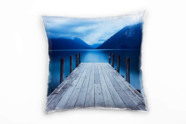 Seen, blau, braun, Steg, Berge, Wolke Deko Kissen 40x40cm für Couch Sofa Lounge Zierkissen