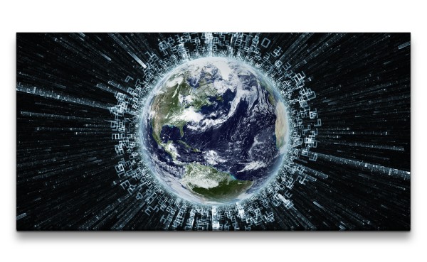 Leinwandbild 120x60cm Erde Planet Daten Technik Zahlen Krypto Computer
