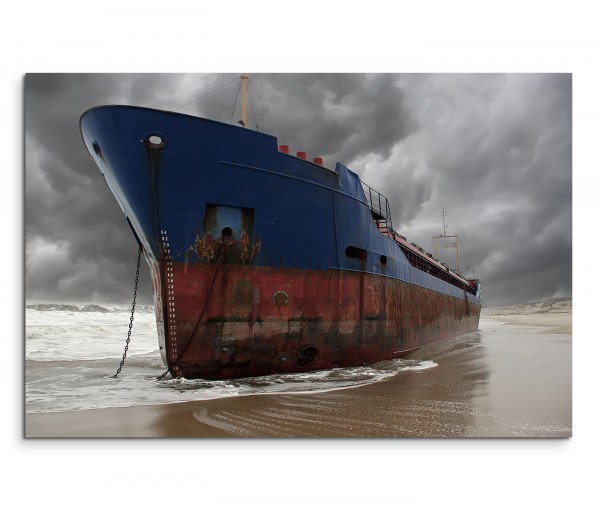 120x80cm Wandbild Meer Strand Containerschiff gestrandet Wolken