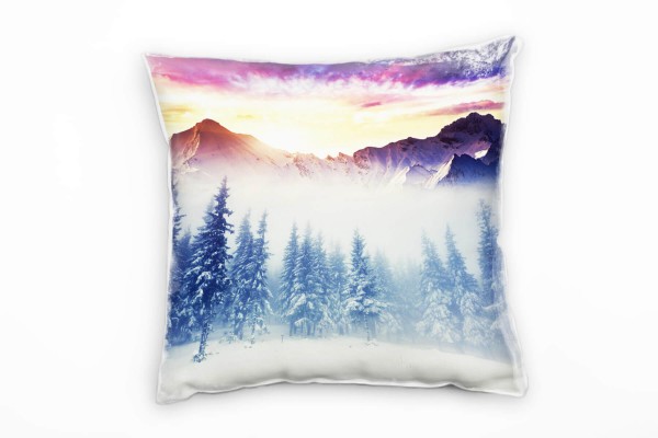 Winter, gelb, pink, grau, Schnee, Nadelwald, Berge Deko Kissen 40x40cm für Couch Sofa Lounge Zierkis