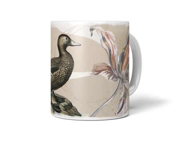 Dekorative Tasse mit schönem Vogel Motiv Ente Blumen Blüten Kunstvoll Einzigartig