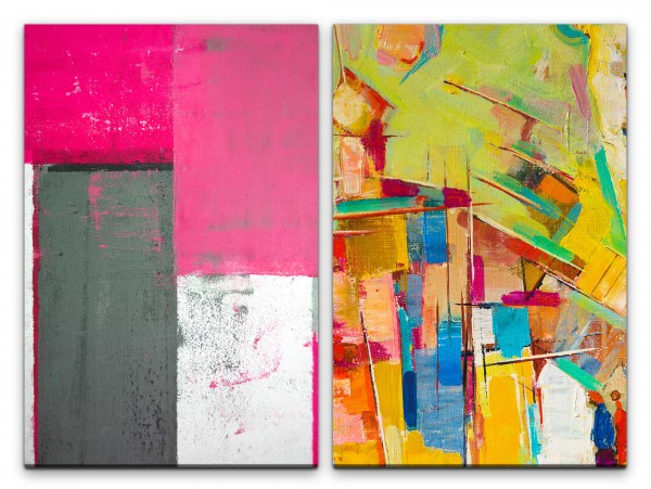 2 Bilder je 60x90cm Abstrakt Farben Spachtel Bunt Dekorativ Modern Ausdrucksvoll