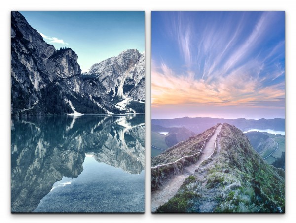 2 Bilder je 60x90cm Berge See Wanderweg Himmel klares Wasser Stille Seelenfrieden