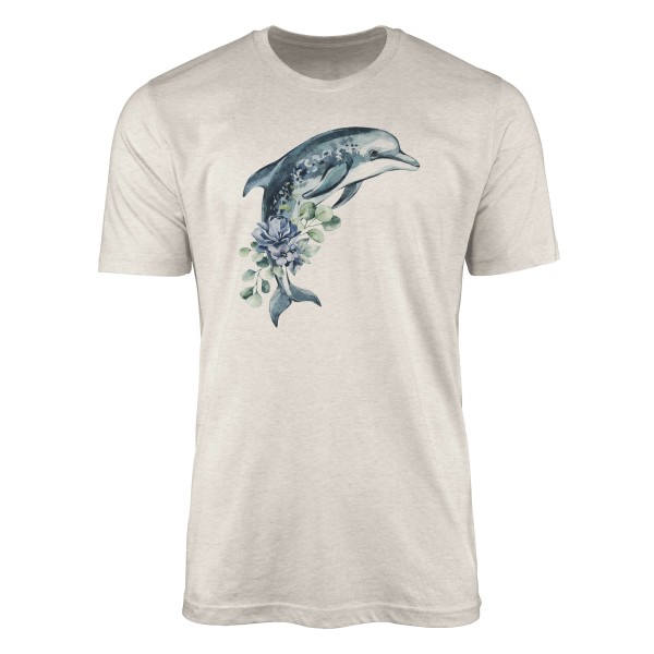 Herren Shirt 100% gekämmte Bio-Baumwolle T-Shirt Delfin Blumen Wasserfarben Motiv Nachhaltig Ökomod