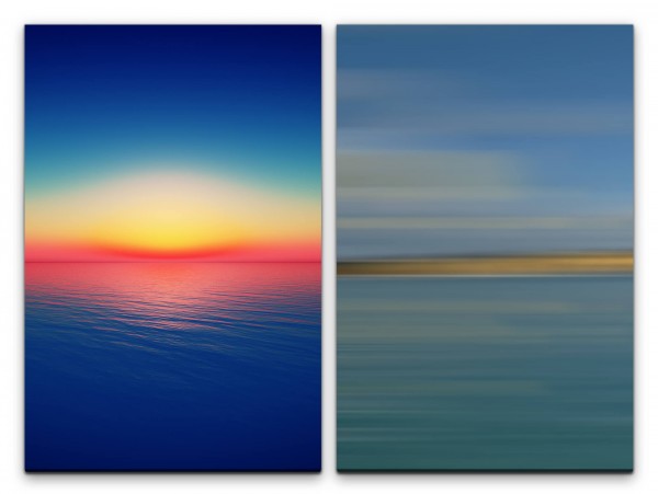 2 Bilder je 60x90cm Meer Himmel Horizont Sonnenuntergang Minimal Abendröte Blau