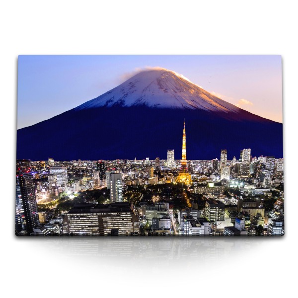120x80cm Wandbild auf Leinwand Japan Fuji Vulkan Fotomontage Tokio Nacht