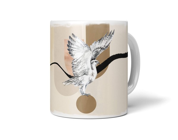 Dekorative Tasse mit schönem Vogel Motiv weißer Falke einzigartiges Design Brauntöne