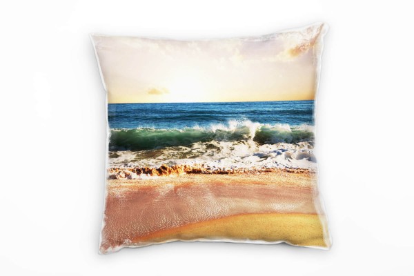 Strand und Meer, gelb, blau, Wellen, Sonnenuntergang Deko Kissen 40x40cm für Couch Sofa Lounge Zierk