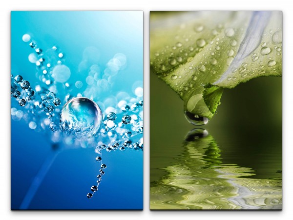 2 Bilder je 60x90cm Wasserperle Wassertropfen Grün Blau Erfrischend Fotokunst Makrofotografie