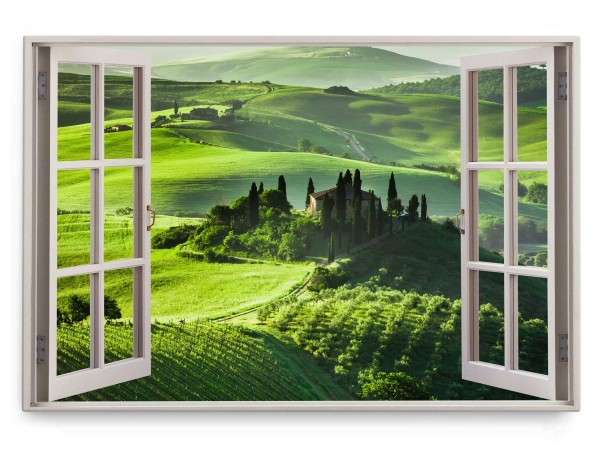Wandbild 120x80cm Fensterbild Toskana Italien Natur Grün Landschaft Landhaus
